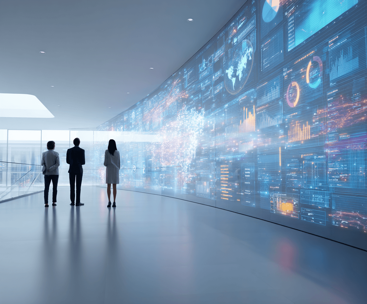 Integrated AI command center showing business intelligence across a connected wall
