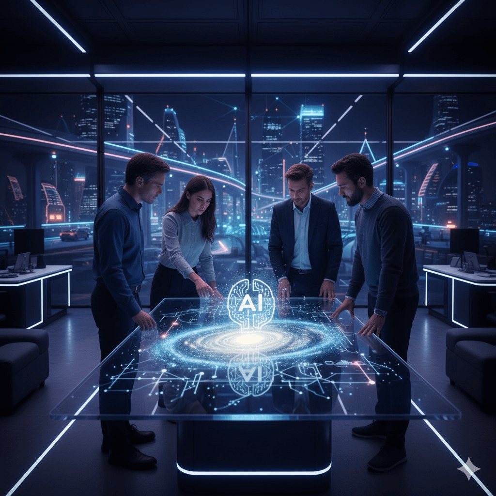 Team collaborating around an AI planning table