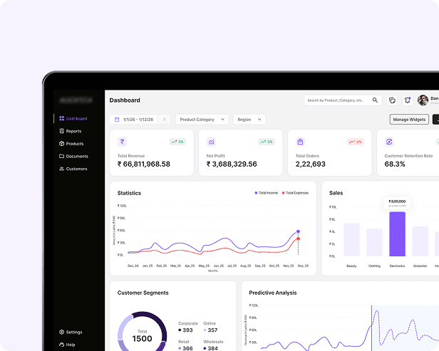 Business reporting dashboard interface for analytics and insights