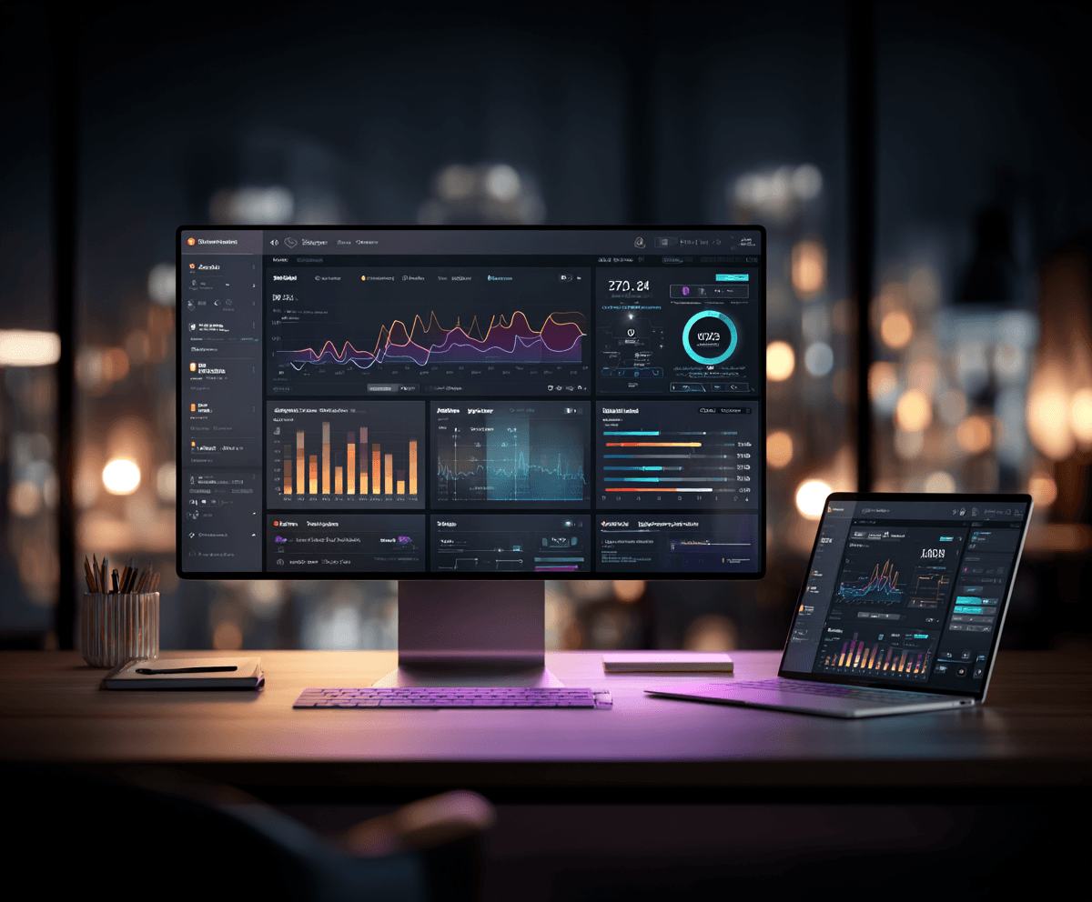 Business operations dashboard displayed across desktop and laptop screens
